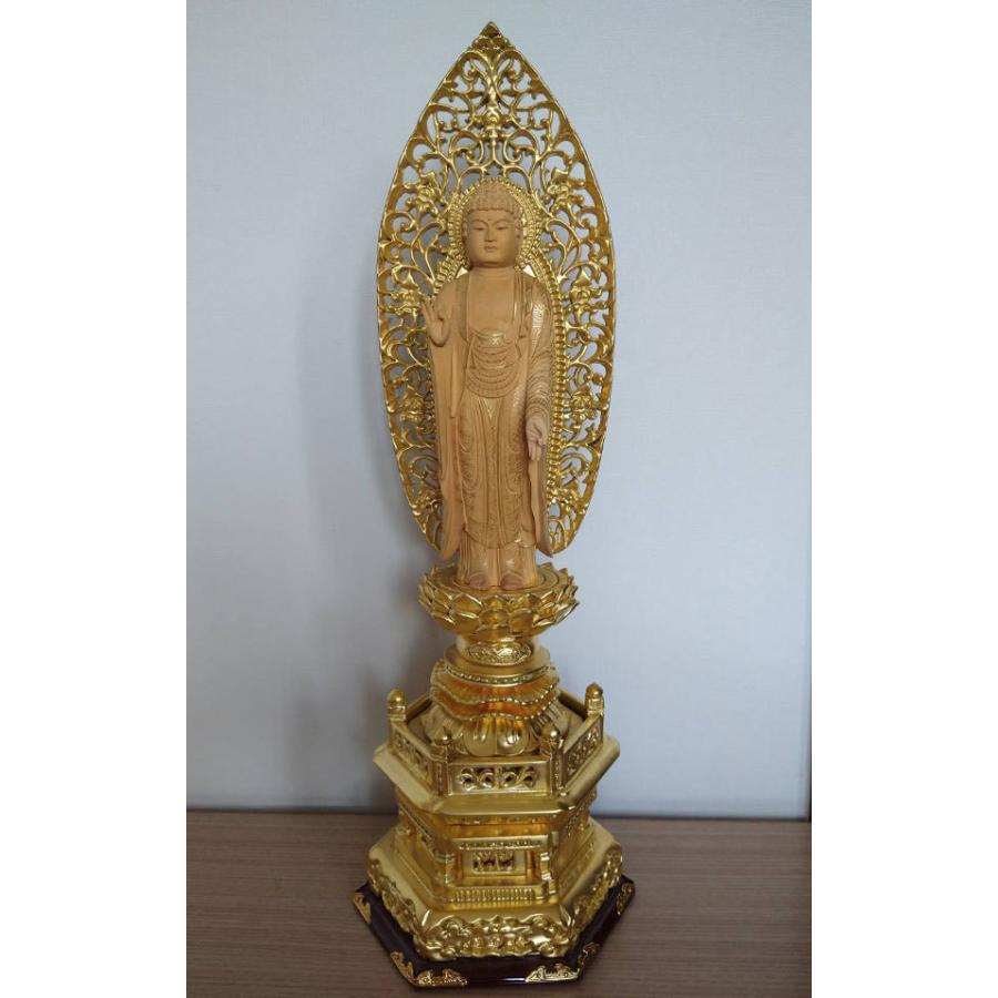 仏像 浄土宗 舟弥陀 柘植 金箔六角台座 唐草光背 4.0寸 | 