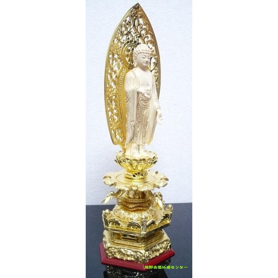 仏像 浄土宗 ご本尊 舟弥陀 仏柘植 六角ケマン台座 唐草光背 5.0寸
