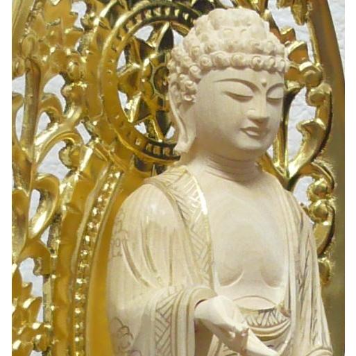 仏像 浄土宗 ご本尊 舟弥陀 仏柘植 六角ケマン台座 唐草光背 5.0寸