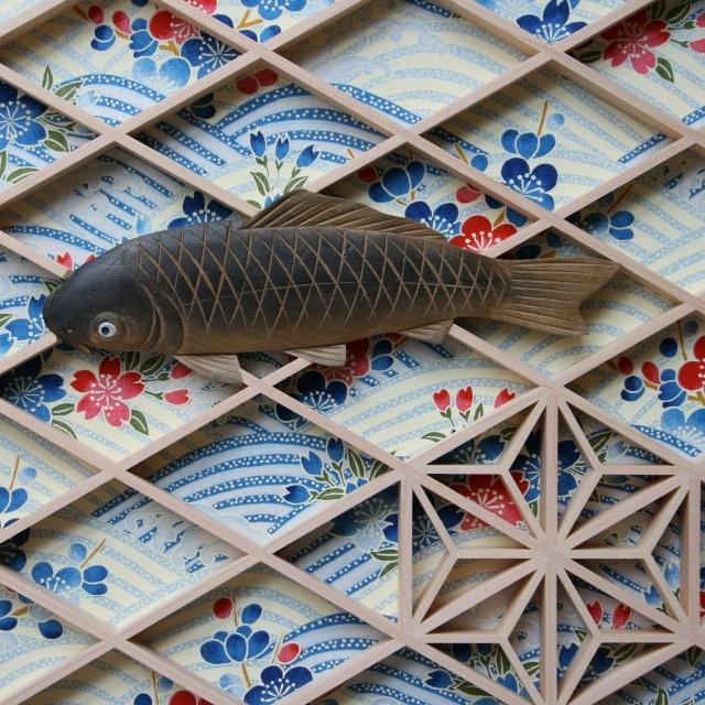 和モダン アートパネル 組子彫刻入りアートパネル クラシカル 【緋鯉