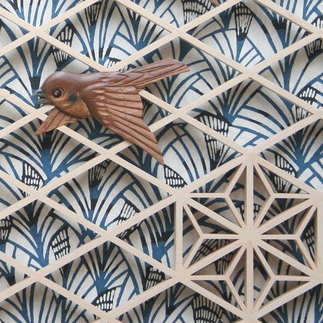 和モダン アートパネル 組子彫刻入りアートパネル【麻の葉亀甲に雀