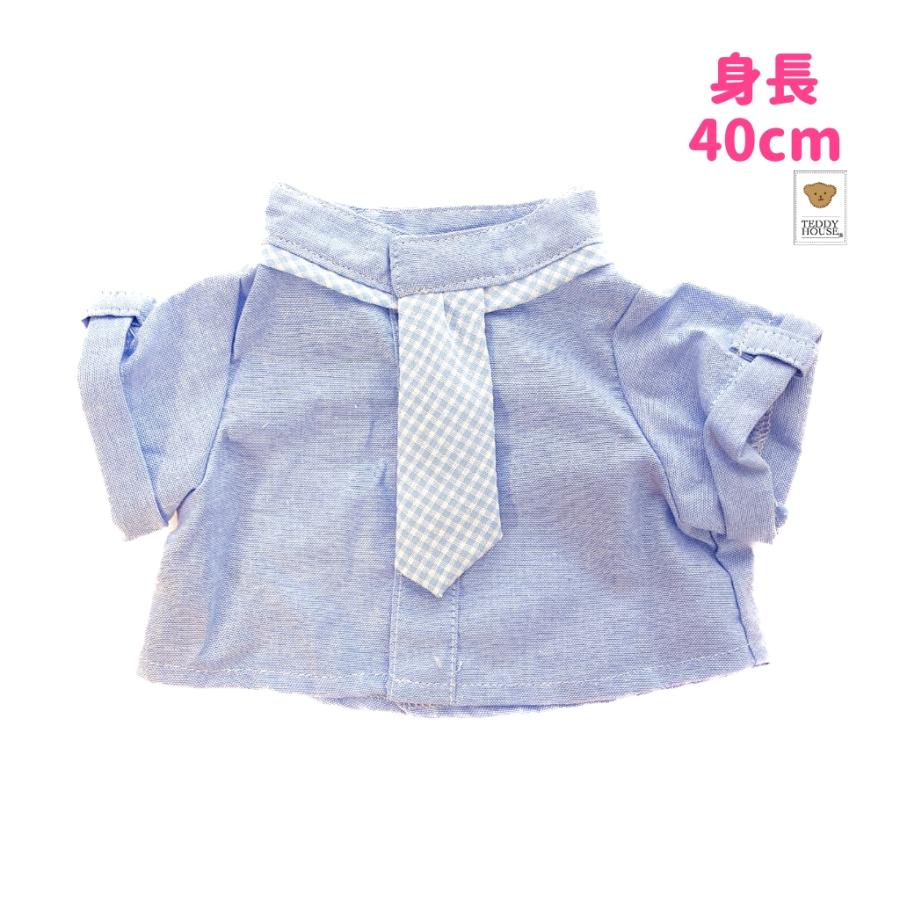 ぬいぐるみ服 前あきシャツ チェックタイ ライトブルー トップス
