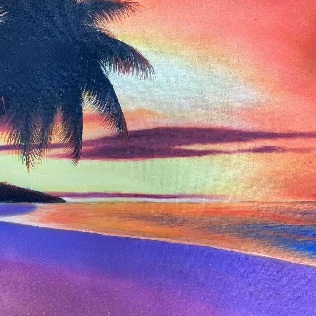 海の絵 ヤシとサンセット 海の絵画 波 アート W120×H56cm (1138