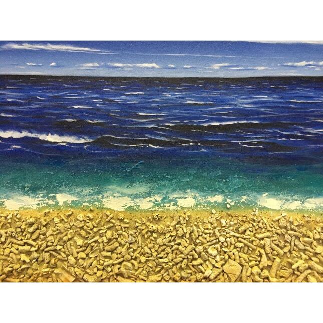 バリ島絵画 海の絵 本物のサンゴの立体的な砂浜 フレームなし W150×H50