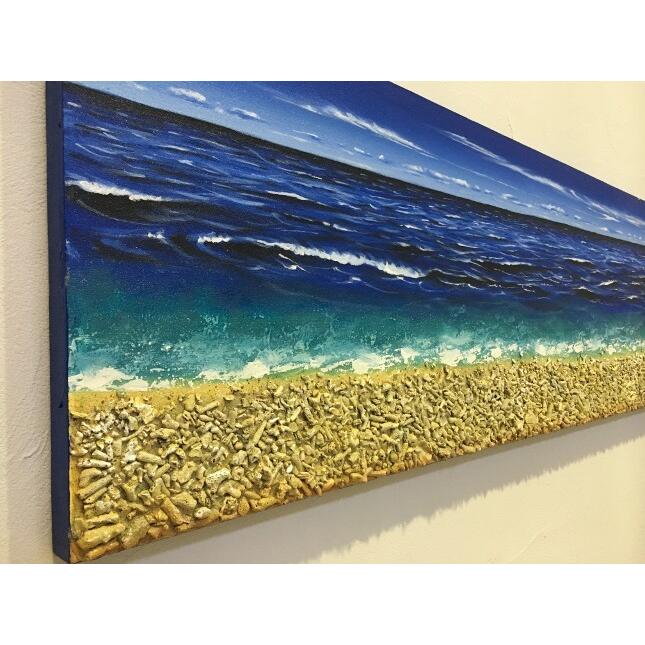 バリ島絵画 海の絵 本物のサンゴの立体的な砂浜 フレームなし W150×H50