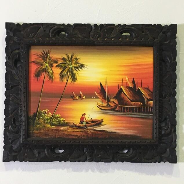 バリの絵画 バリの絵 風景画 海辺と舟 サンセット 額付き 53×43 (1150-4