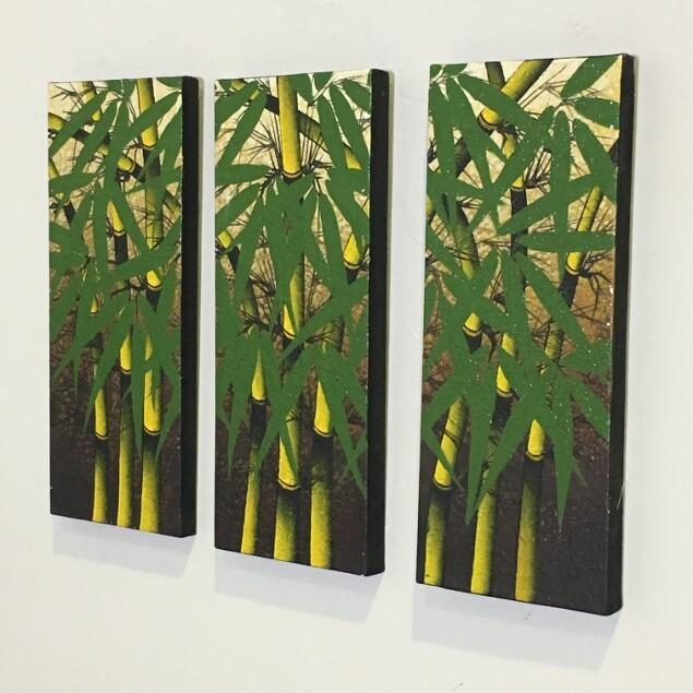バリ絵画 竹の絵 3連アートパネル A W60×H50 バリアート 植物 壁掛け