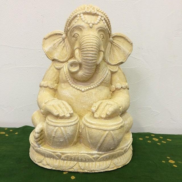 石像 ガネーシャ 置物 太鼓 セメント H40cm 白 ガーデンオブジェ 大型