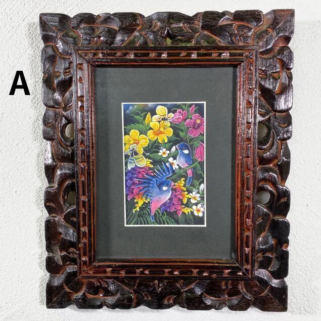 バリ絵画 花と鳥と蝶 2柄 W23.5×H28.5cm バリアート 額縁 絵 