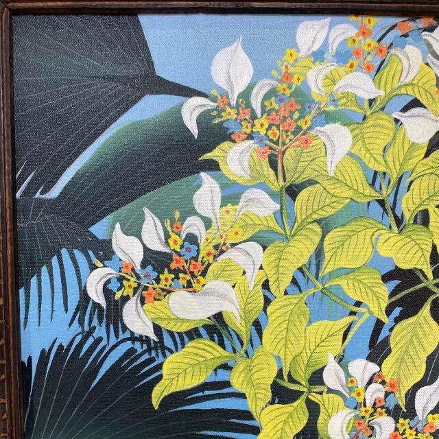 バリ絵画 花の絵 白い小花とヤシの葉 A 53×63cm 葉っぱの絵 絵画 バリ絵画 花の絵 白い小花とヤシの葉 A 53×63cm 葉っぱの絵 絵画
