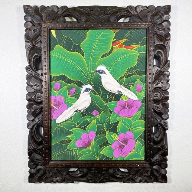 バリ絵画 ブンゴセカン 鳥の絵 ハイビスカス ピンク W43×H53cm バリ