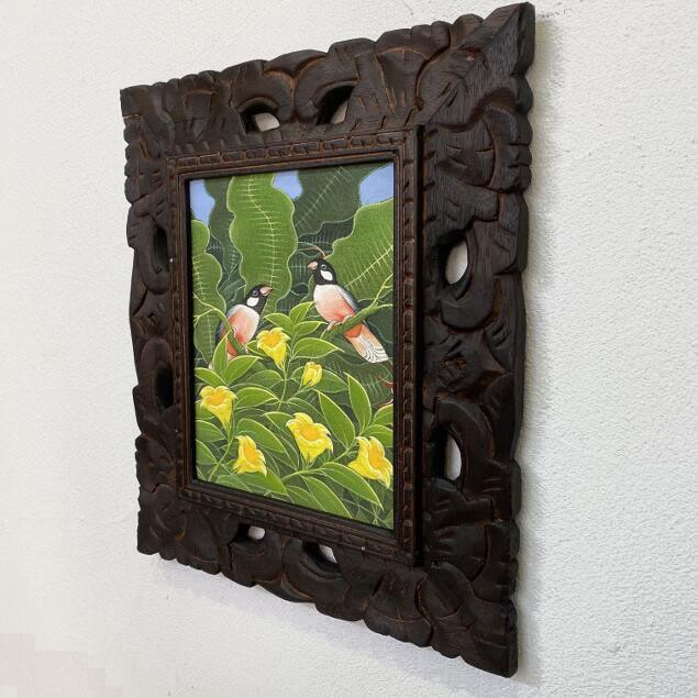 バリ絵画 ブンゴセカン 鳥の絵 花と鳥 2柄 W33×H38cm (1480) 花鳥風月