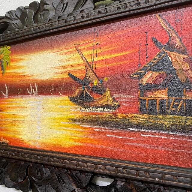 バリ絵画 風景画 海辺と舟 サンセット 額付き W63×H33cm バリアート