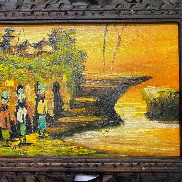 バリ絵画 風景画 タナロット寺院 サンセット 額付き W63×H33cm バリ