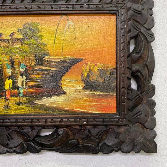 バリ絵画 風景画 タナロット寺院 サンセット 額付き W63×H33cm バリ