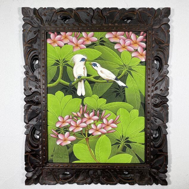 バリ島絵画 ブンゴセカン 鳥の絵 プルメリア W43×H53cm 花鳥風月 バリ島絵画 ブンゴセカン 鳥の絵 プルメリア W43×H53cm 花鳥風月