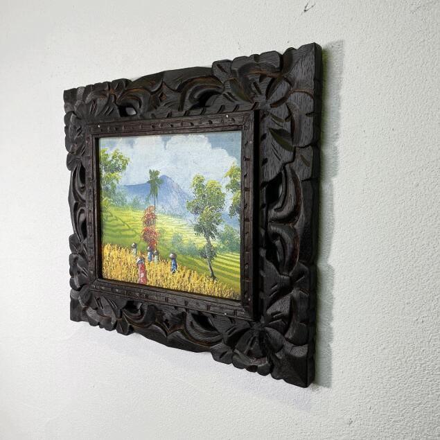 バリ絵画 風景画 稲刈りとバトゥール山 サンセット W63×H33cm 額 バリ絵画 風景画 稲刈りとバトゥール山 サンセット W63×H33cm 額