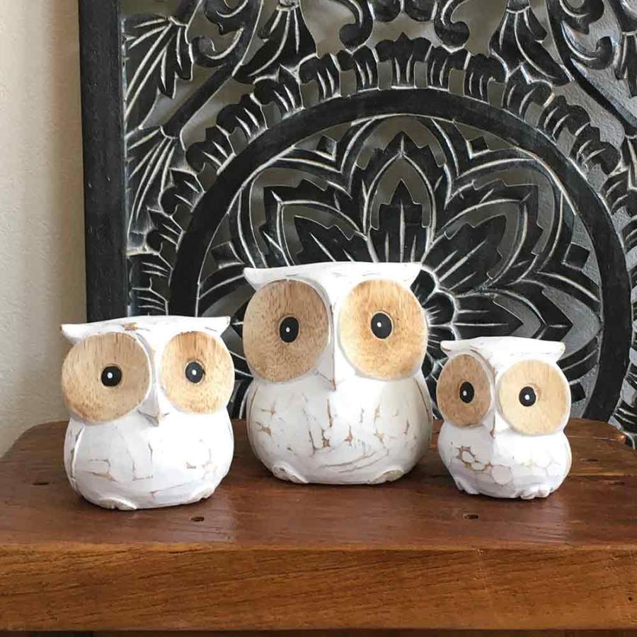 木彫り フクロウ 3体セット 白 ホワイト インテリア 置き物 木製