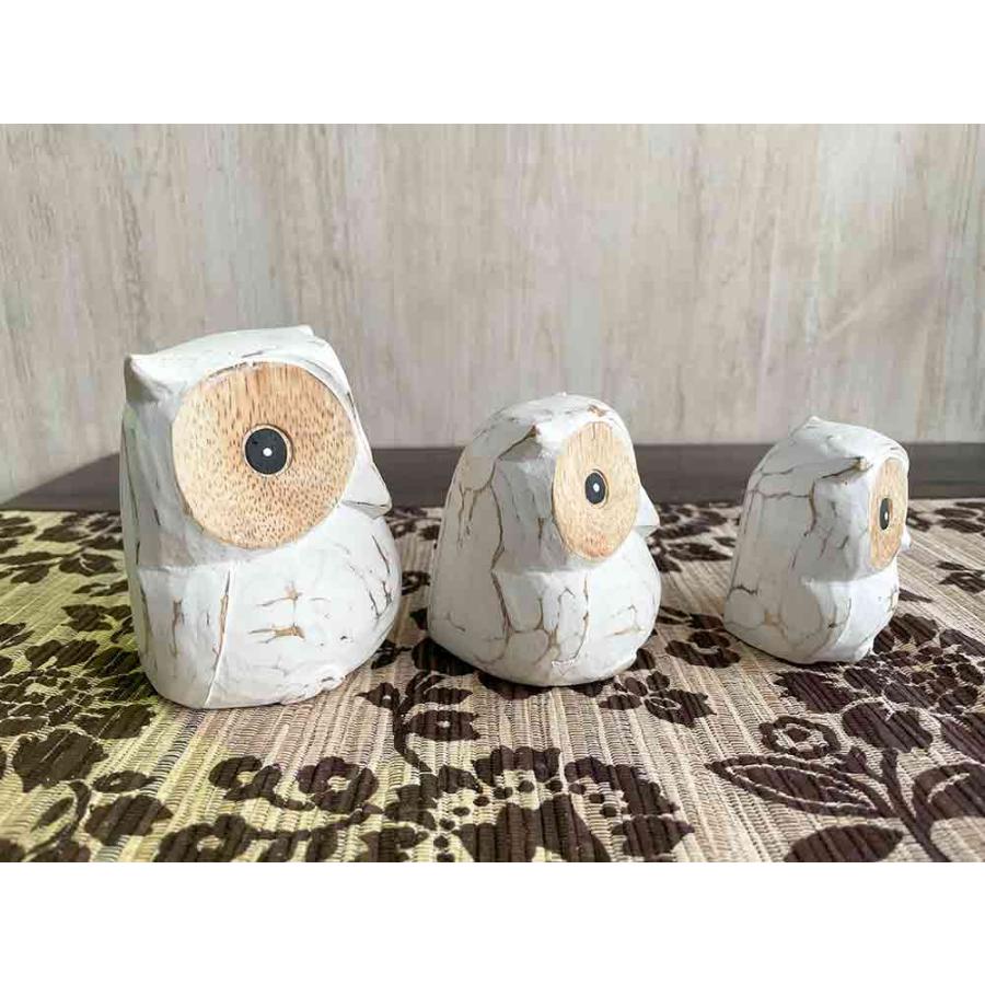 木彫り フクロウ 3体セット 白 ホワイト インテリア 置き物 木製