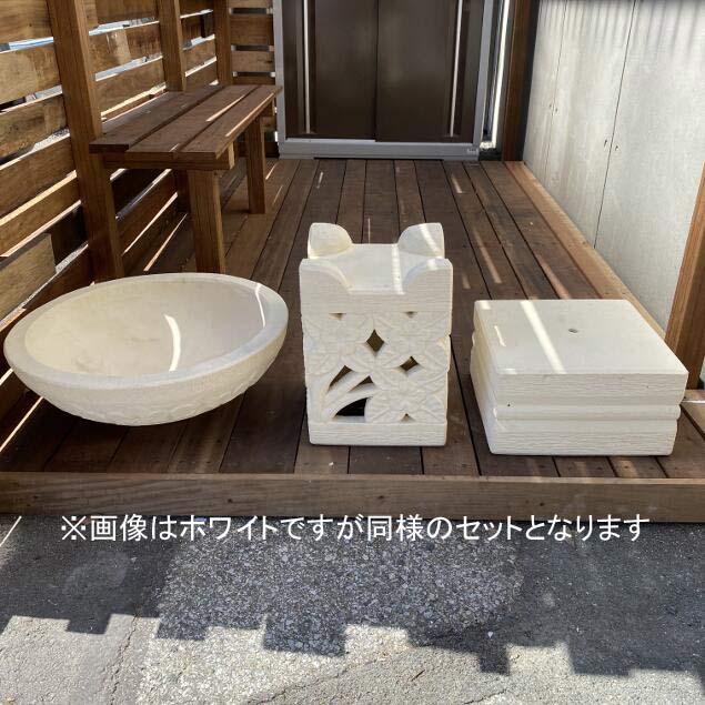 石台 プルメリア柄ボウル 角柱 グレー ガーデンオブジェ 石台 プルメリア柄ボウル 角柱 グレー ガーデンオブジェ