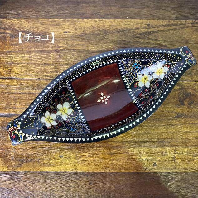 デコレーショントレイ 木製 トレー 舟形 花柄 絵柄入 3色 小物入れ