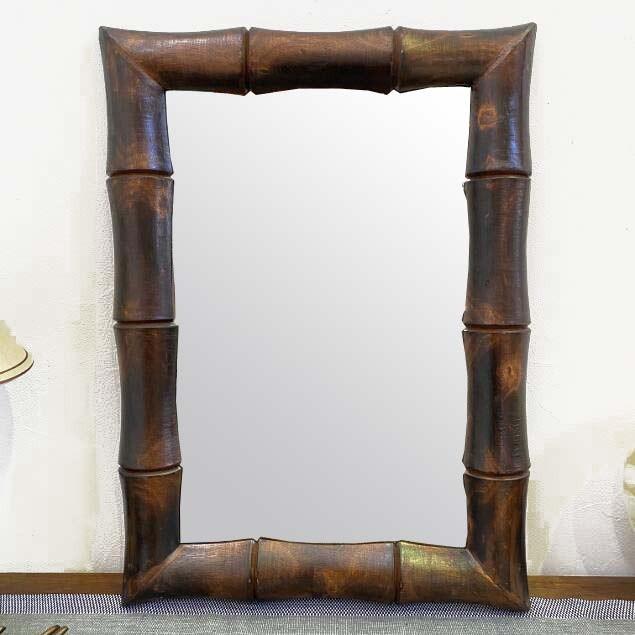 壁掛け鏡 アジアンミラー 木枠バンブー柄 木製 H75 W55 インテリア