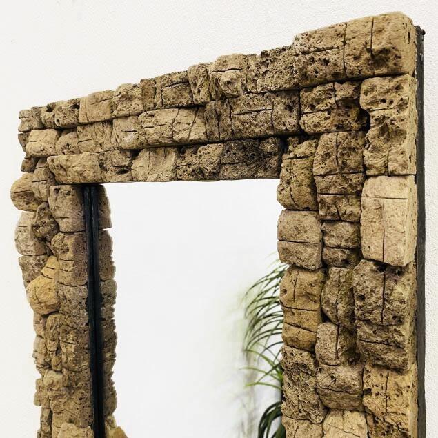 アジアンミラー 軽石タイル フレーム 鏡 H60 W45 壁掛けミラー 木製