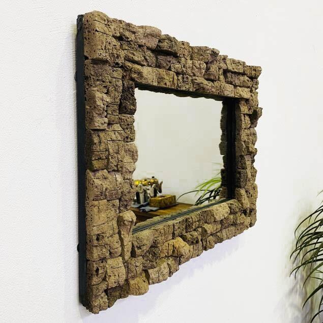 アジアンミラー 軽石タイル フレーム 鏡 H60 W45 壁掛けミラー 木製