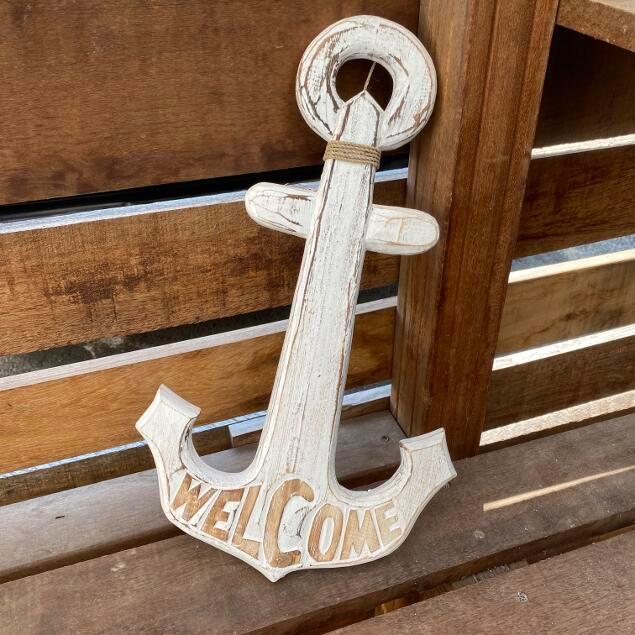 木製 イカリ welcome 壁掛けオブジェ サインボード アンティーク調
