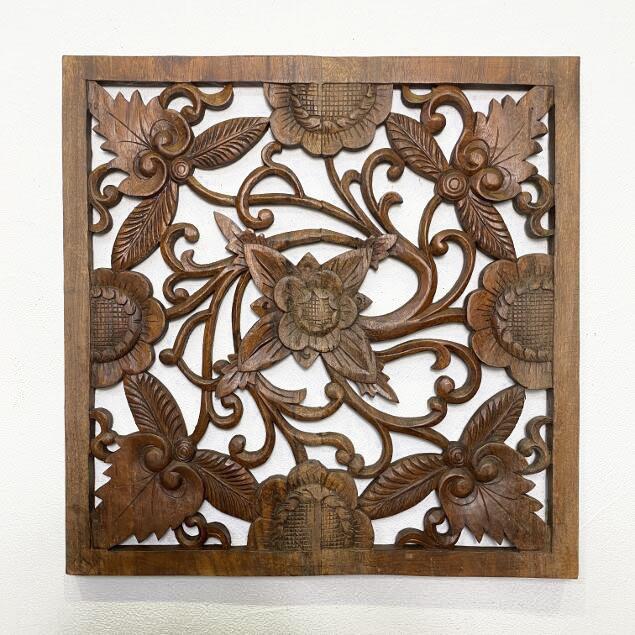 木製 彫刻レリーフ 大型 片面彫り 60×60cm 花 パネル 壁飾り 木製 彫刻レリーフ 大型 片面彫り 60×60cm 花 パネル 壁飾り