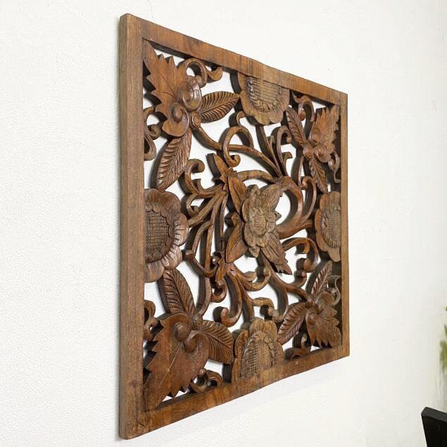 木製 彫刻レリーフ 大型 片面彫り 60×60cm 花 パネル 壁飾り 木製 彫刻レリーフ 大型 片面彫り 60×60cm 花 パネル 壁飾り