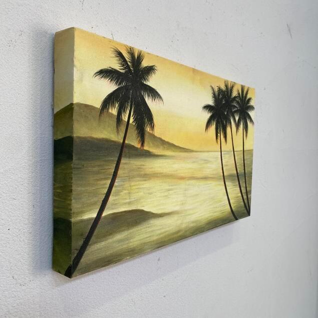 海の絵 海とヤシの木 サンセット ビーチ W50×H30cm 夕日 絵画 波の絵