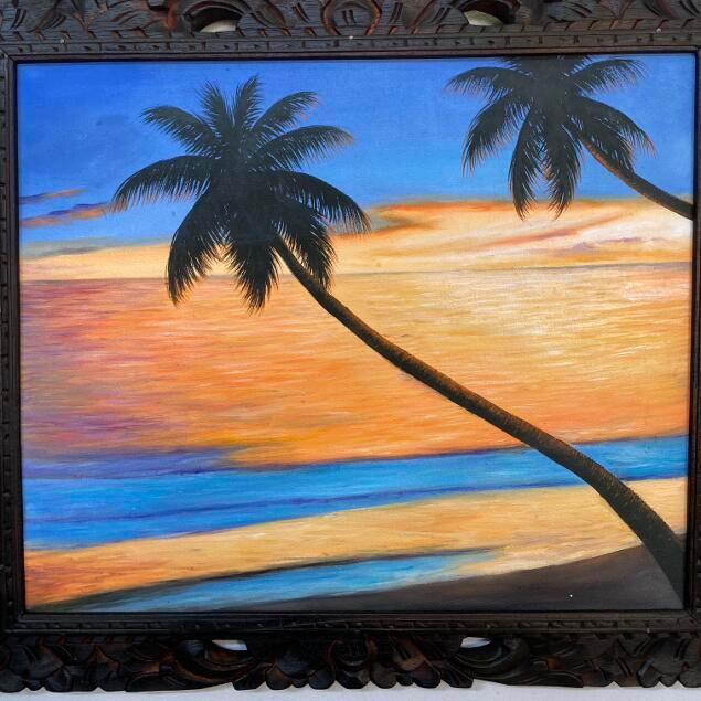 有名なブランド 洋画 バリ絵画 海とヤシ ハワイアン おしゃれ アジアン バリアート バリ島 大型 W73 H63cm 海の絵 サンセット 訳あり Applefaces Co