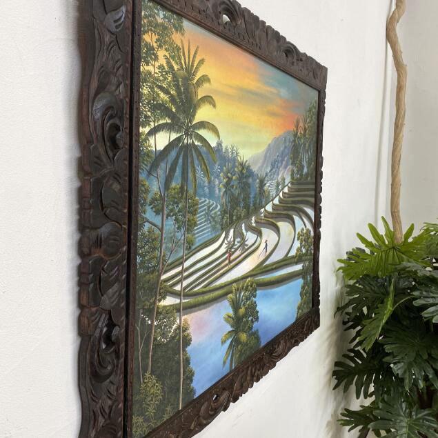 バリ絵画 風景画 棚田 ライステラス 夕日 木彫りフレーム付 W120 バリ絵画 風景画 棚田 ライステラス 夕日 木彫りフレーム付 W120