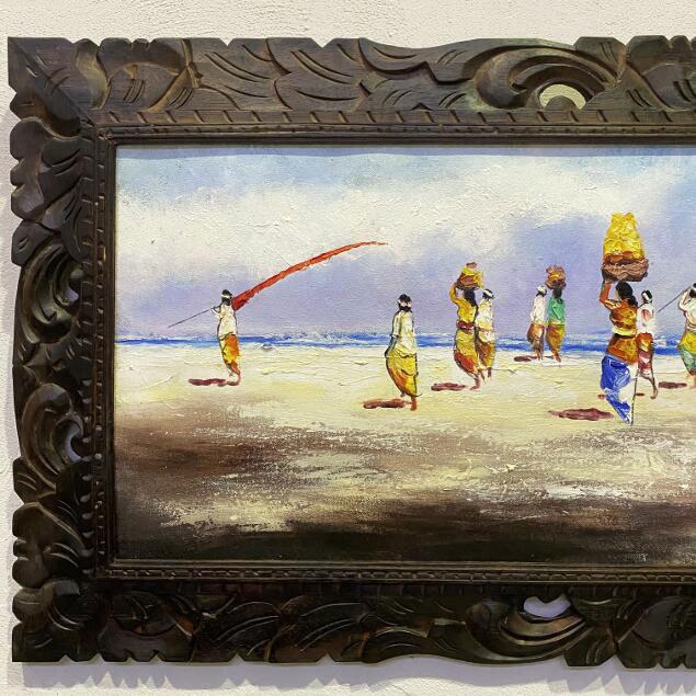 バリ絵画 風景画 浜辺 フレーム付 W140×H60cm 大型 バリアート