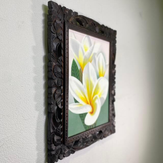 バリ絵画 花の絵 プルメリアとつぼみ 白×黄 F-42 43×53cm 壁掛け 