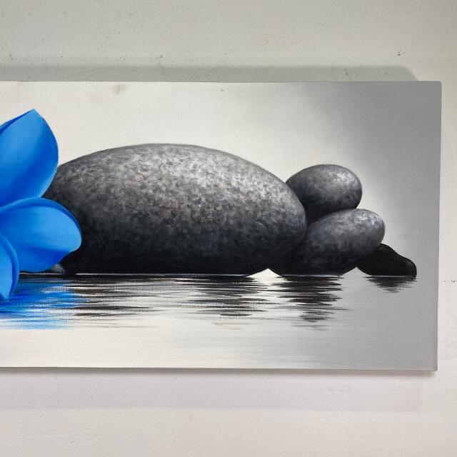 バリ島の絵画 プルメリア 青 ストーン フレームなし W90×H40cm 花の絵