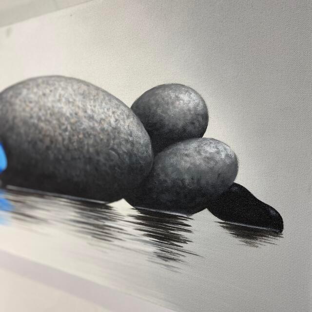 バリ島の絵画 プルメリア 青 ストーン フレームなし W90×H40cm 花の絵