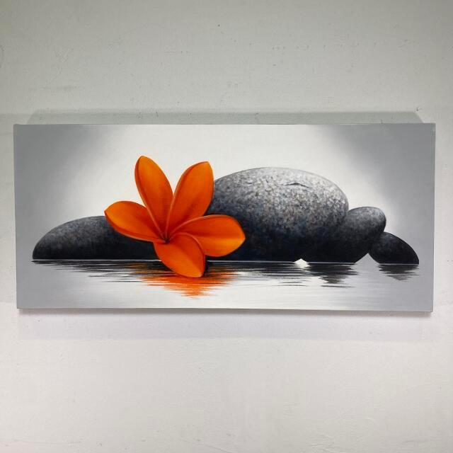 バリ島 絵画 プルメリア オレンジ ストーン フレームなし W90×H40cm 花 