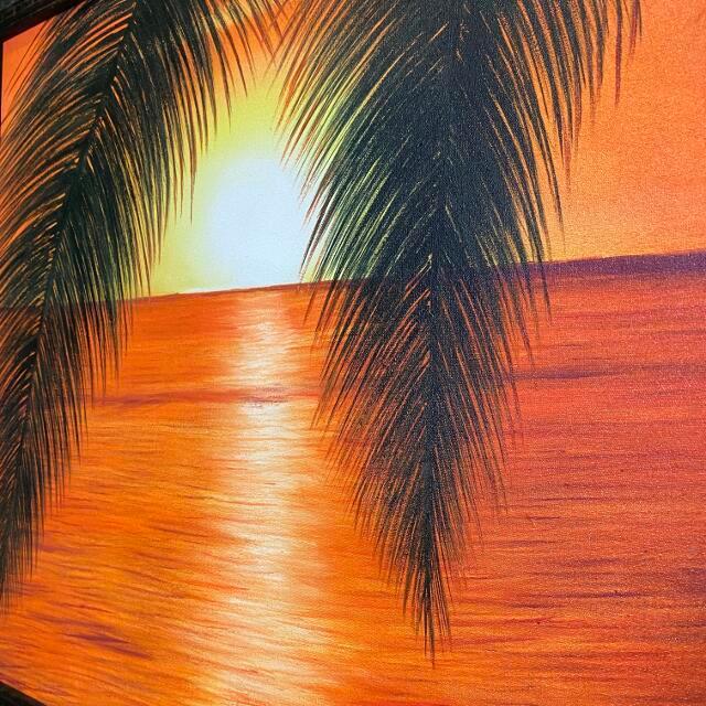 海の絵 海とヤシ サンセット 73×63cm S-28 海の絵画 波 アート大型 額付き バリ絵画 アジアンリゾート 自然 ハワイアン おしゃれの画像
