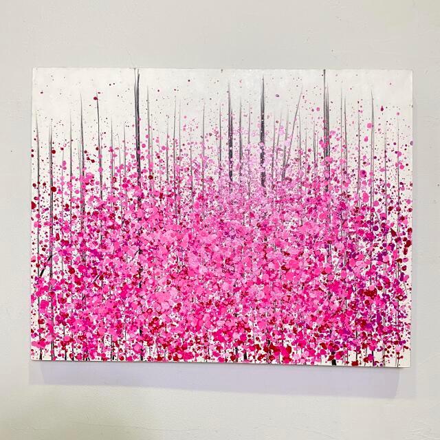 バリ 絵画 抽象画 カラフル ピンク W90×H70cm フレーム無し 大型