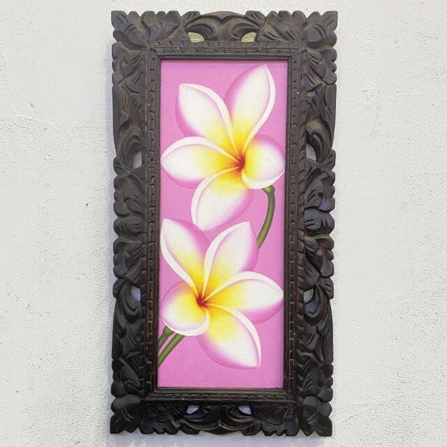 花の絵 インドソケイ 白 Ｗ33×Ｈ63珊 サクラ色 バリ工芸 バリ島の図画 アジアン かっこ良い 工芸 バリ雑貨 美術、工芸品-楽器、手芸、コレクション-絵画