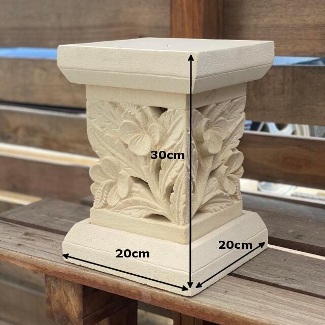 バリ島 ミニ石台 角 スタンド ハイビスカス 白 H30cm バリ雑貨