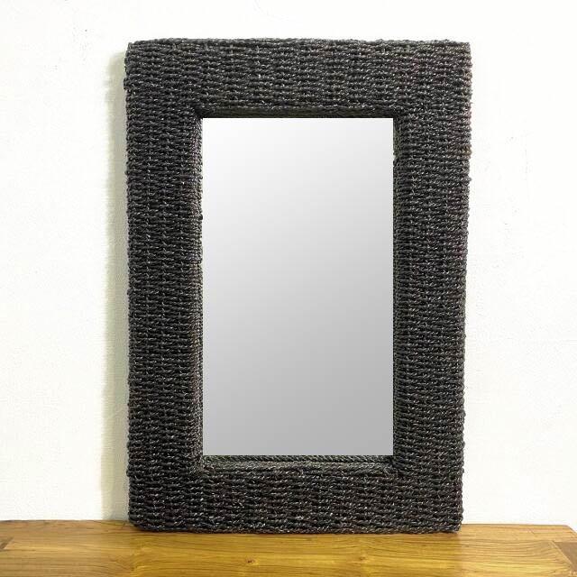 壁掛け鏡 アジアンミラー 鏡 壁掛け 85×55cm ラタン 網目 黒 ウォール