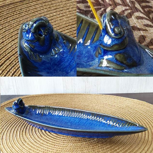 ジェンガラケラミック お香立て インセンスホルダー 緑 青 カエル