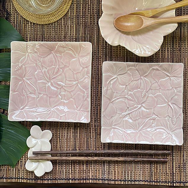 ジェンガラ 角皿 平皿 小皿 ハイビスカス 2枚1セット 3色 14×14cm 白