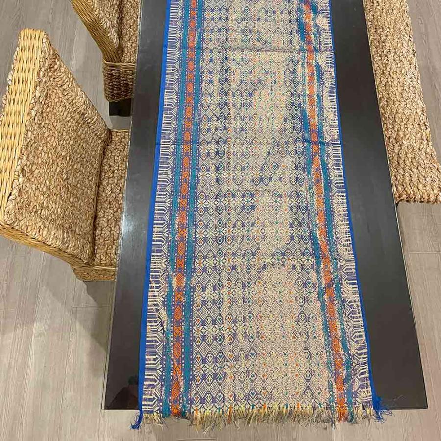 イカット テーブルランナー 金糸 青系 A 200×50cm 布 アジアン