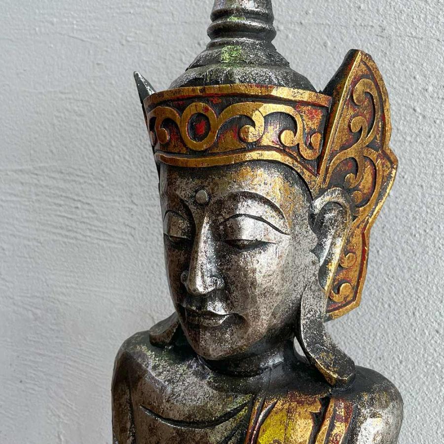 木彫り ブッタ オブジェ 立ち 木製 置物 H98cm 金 銀 ウッド