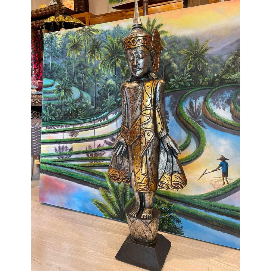 木彫り ブッタ オブジェ 立ち 木製 置物 H98cm 金 銀 ウッド