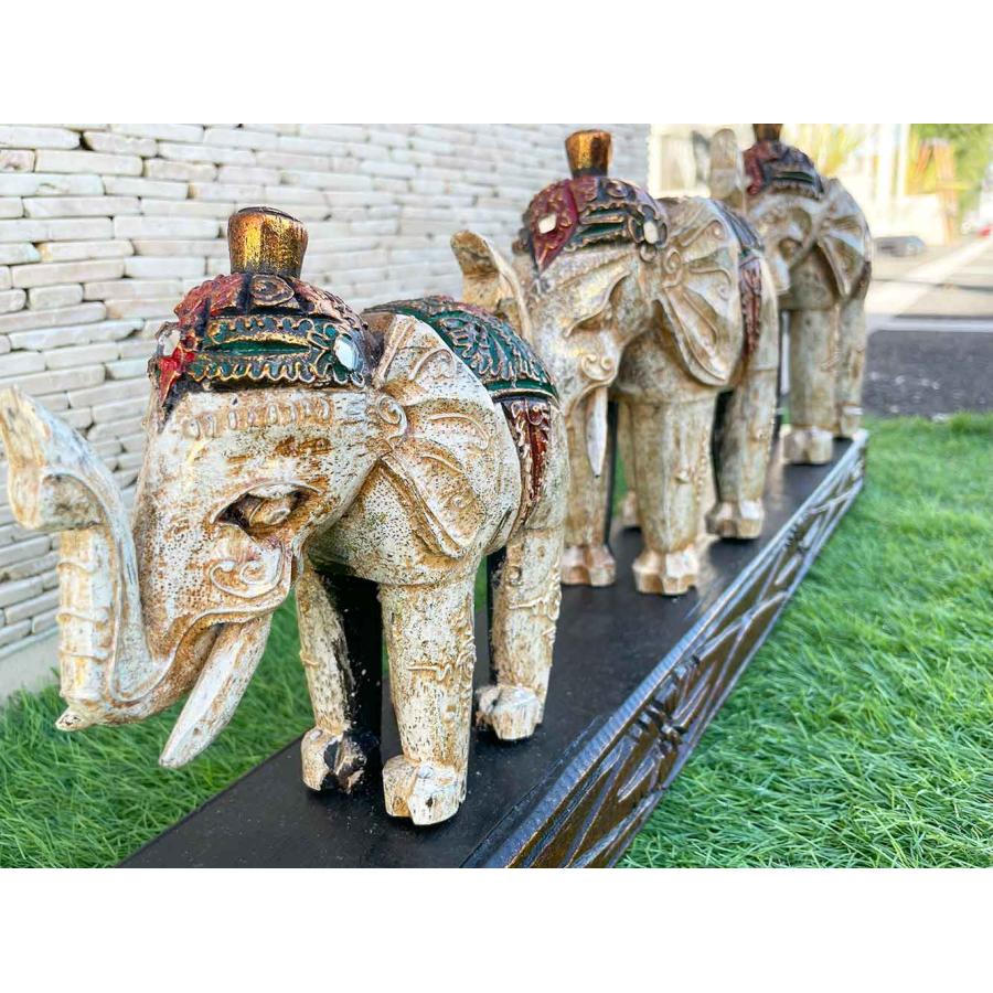 象の置物 3連 木彫りの象 W65cm 2色 金 白 象 ゾウのオブジェ 木製